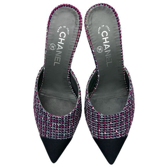 CHANEL Tweed Grosgrain CC Mules EU 38 US 7.5-8 Black Purple Pointed Toe Heels - Picture 8 of 15